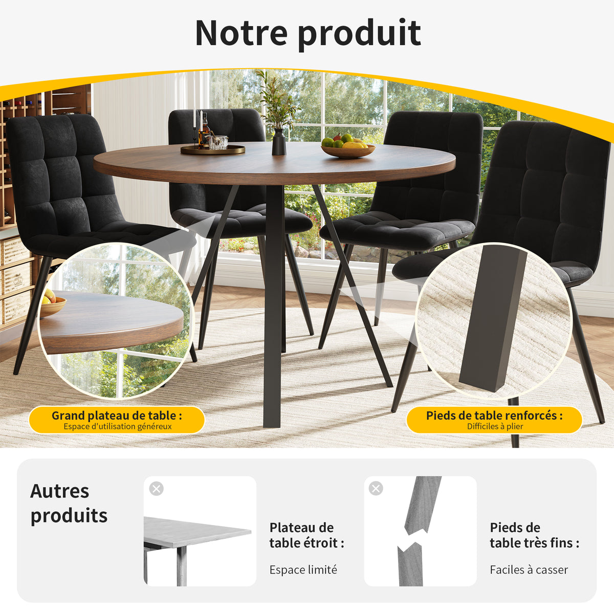 Round Table Table Table Table Timber Ø80 cm with 4 black velvet chairs, modern and comfortable style
