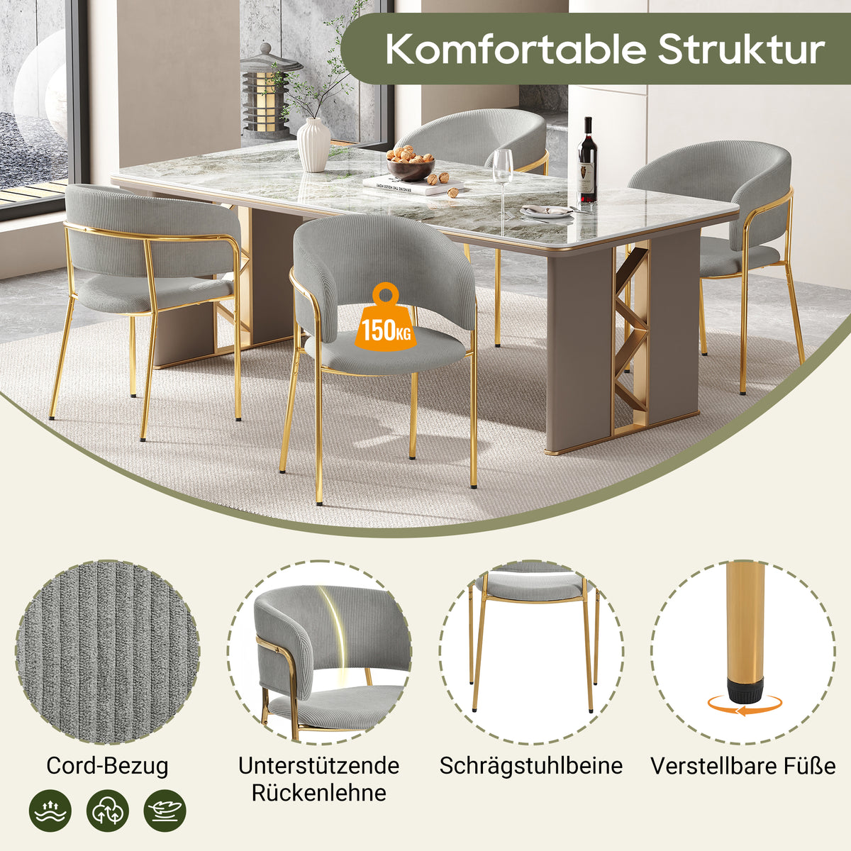 Lot de 2 chaises modernes en tissu côtelé gris avec pieds inclinés en bois et métal, dossier ergonomique et pieds réglables