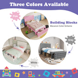 Pink child bed 90x190 cm with storage drawer and creative design in blocks, solid wood frame