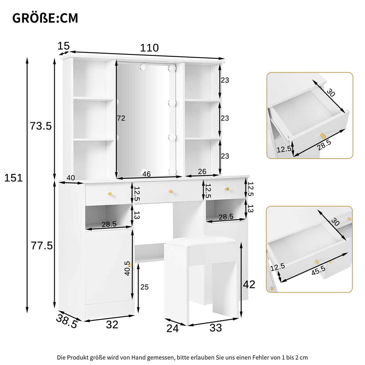 Grande coiffeuse blanche avec miroir, tabouret et éclairage LED réglable, 3 tiroirs et 2 portes de rangement