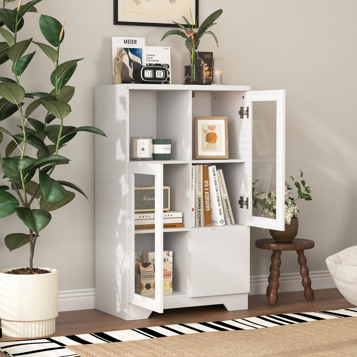 Buffet en MDF laqué blanc 65x30x100 cm avec portes vitrées, tiroir et espaces de rangement ouverts, idéal pour salon, chambre ou entrée