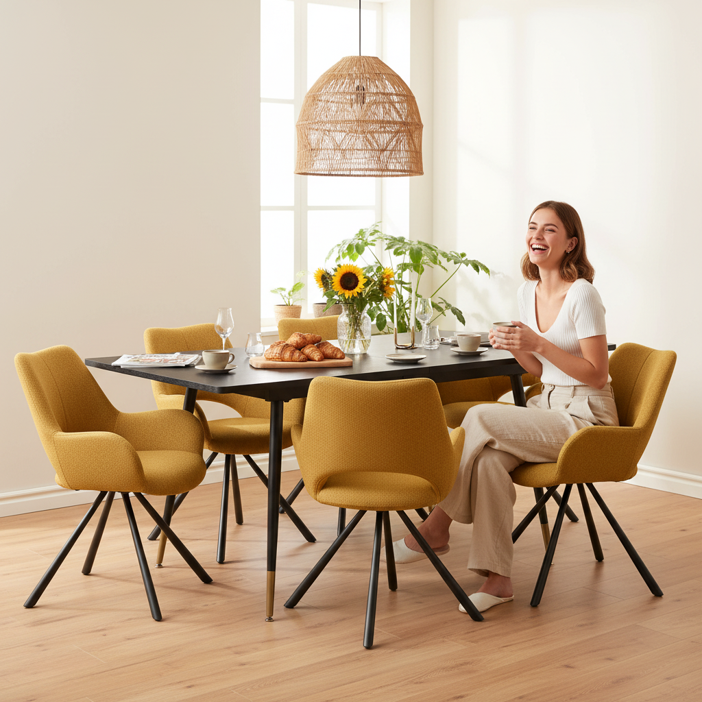 Ensemble de salle à manger comprenant une table extensible et 6 fauteuil en tissu jaune