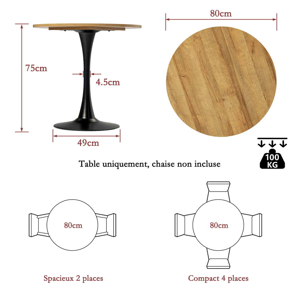 Ensemble de salle à manger de style scandinave composé d'une table ronde en chêne et de 4 chaises en tissu vert