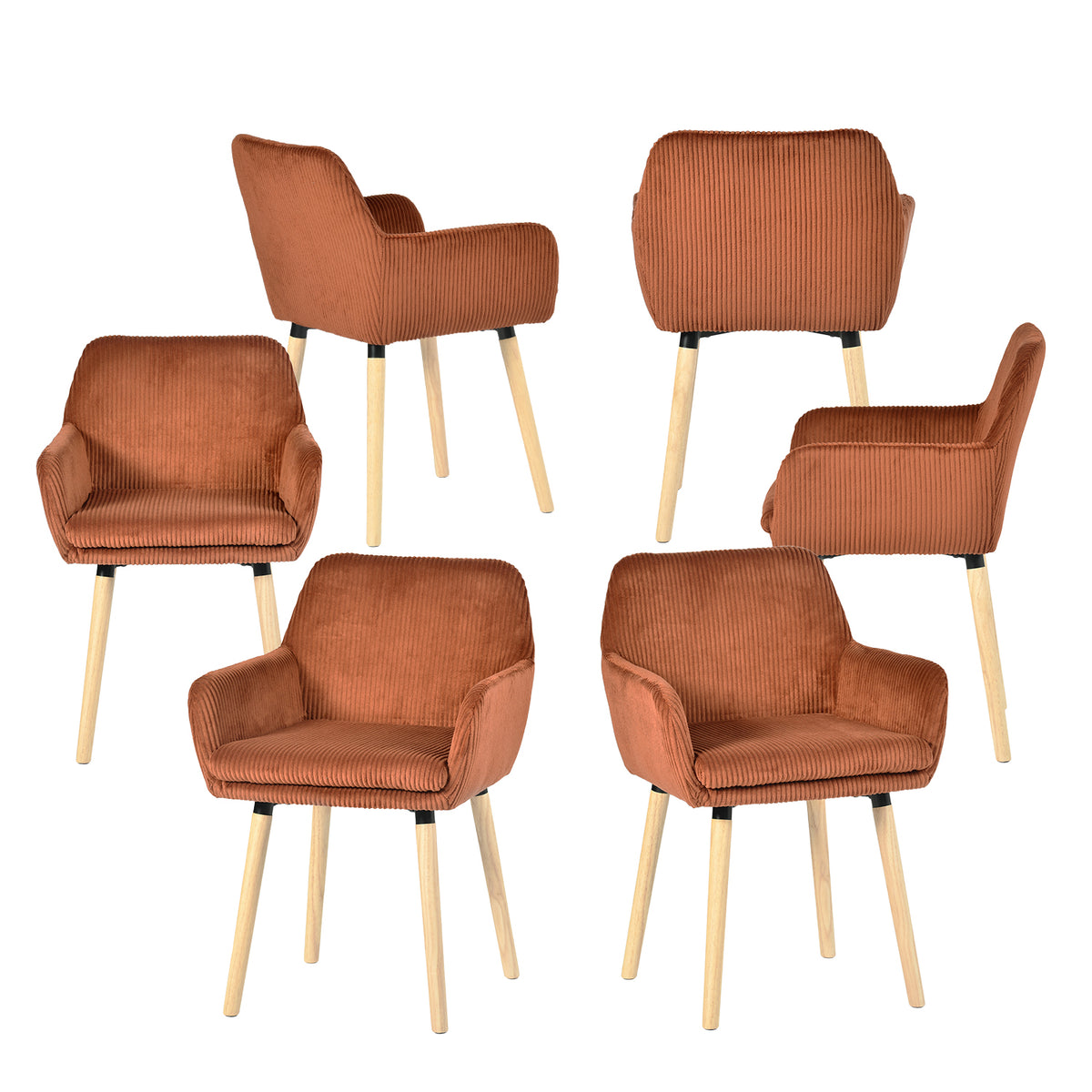 Lot de 6 chaises de salle à manger de style scandinave avec pieds en bois et accoudoirs en velours côtelé rouge - ELIA