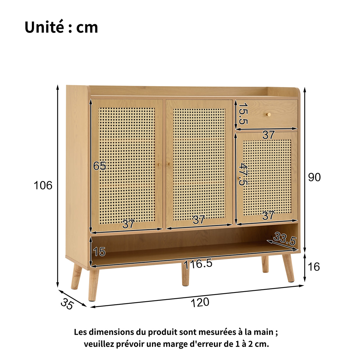 Meubles Cosy Meuble à chaussures naturel – Design moderne en rotin, panneaux de particules avec pieds en bois massif