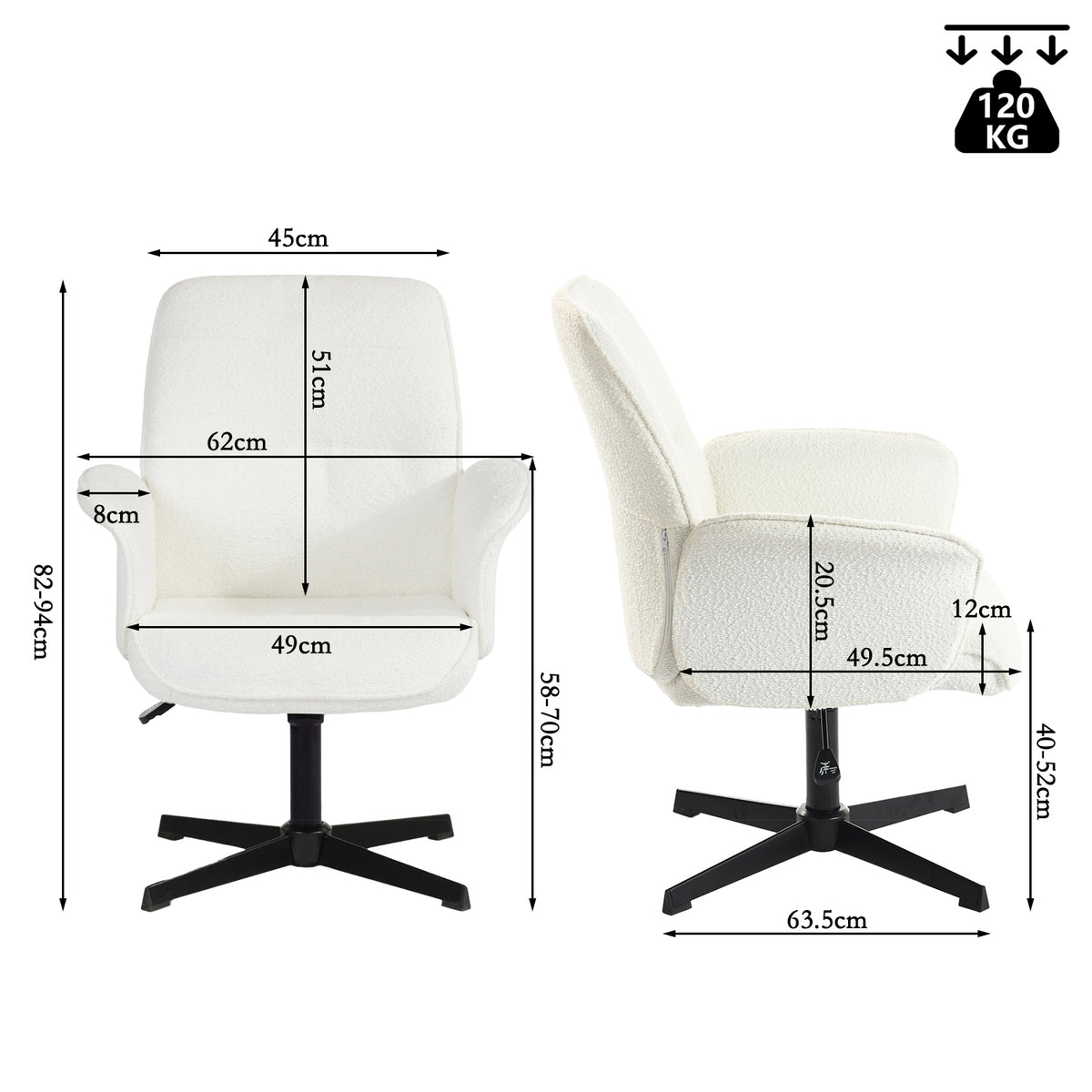 Fauteuil de bureau ergonomique réglable pivotant avec accoudoirs en tissu bouclette blanc - THOMASINA