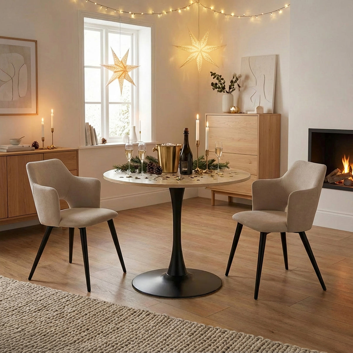 Round Table Table Table Table Timber Ø80 cm with 4 black velvet chairs, modern and comfortable style